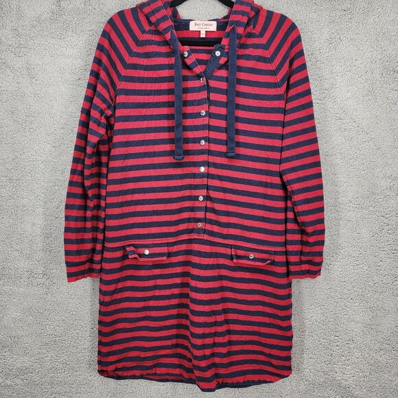 Juicy Couture Women's Size Large Red/Blue Striped Hooded Long Sleeve Mini Dress‎ - Picture 1 of 12